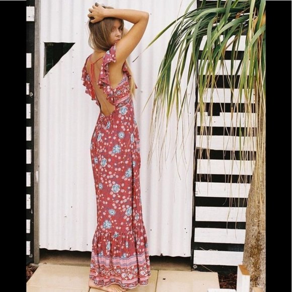 SPELL | Folk Town Frill Maxi Dress in Wine - Picture 1 of 11